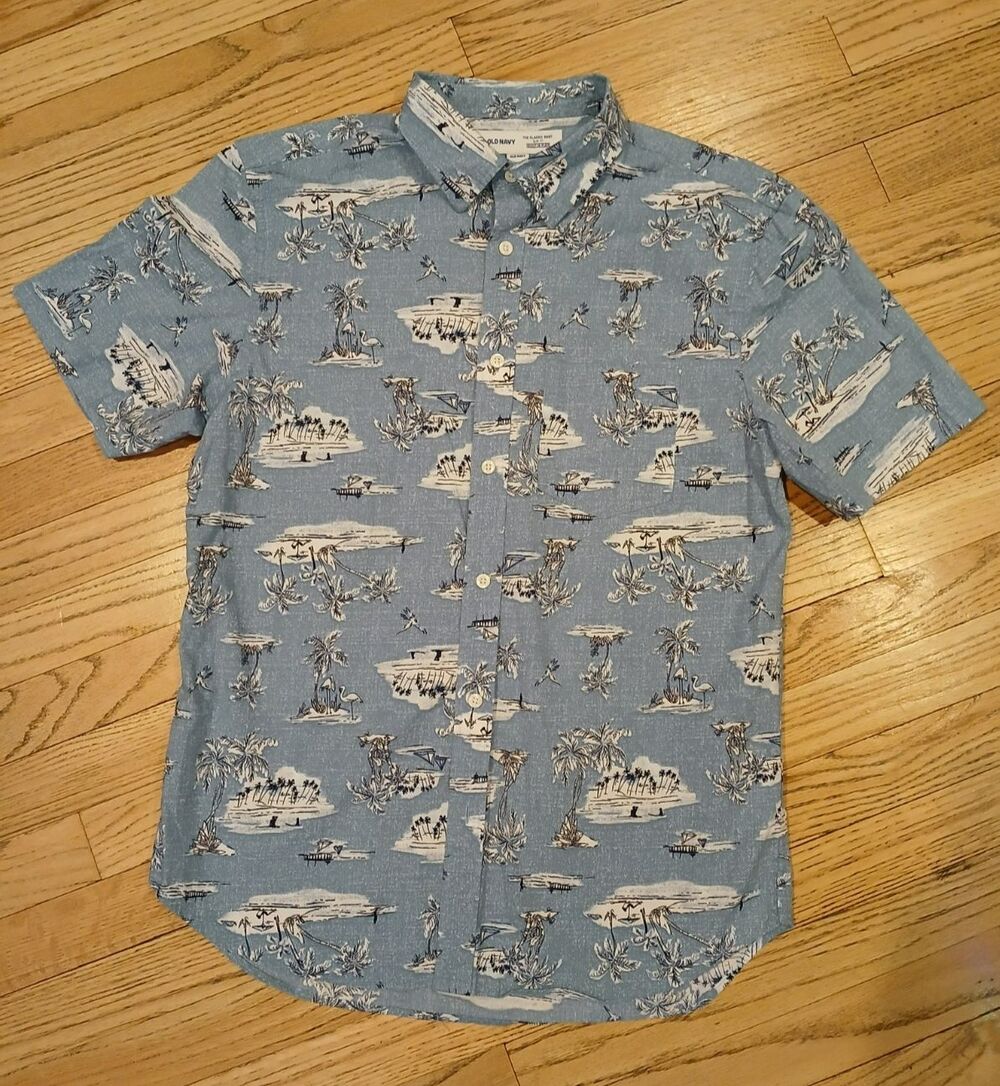 Old Navy Slim Fit Men's Cotton Novelty Print Shirt Short Sleeve Beachy Tropical